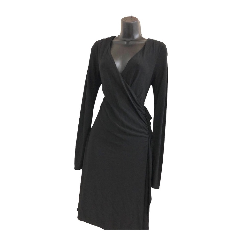 Zara black stretch jersey diagonal hem ruffle side faux wrap v-neck dress size S